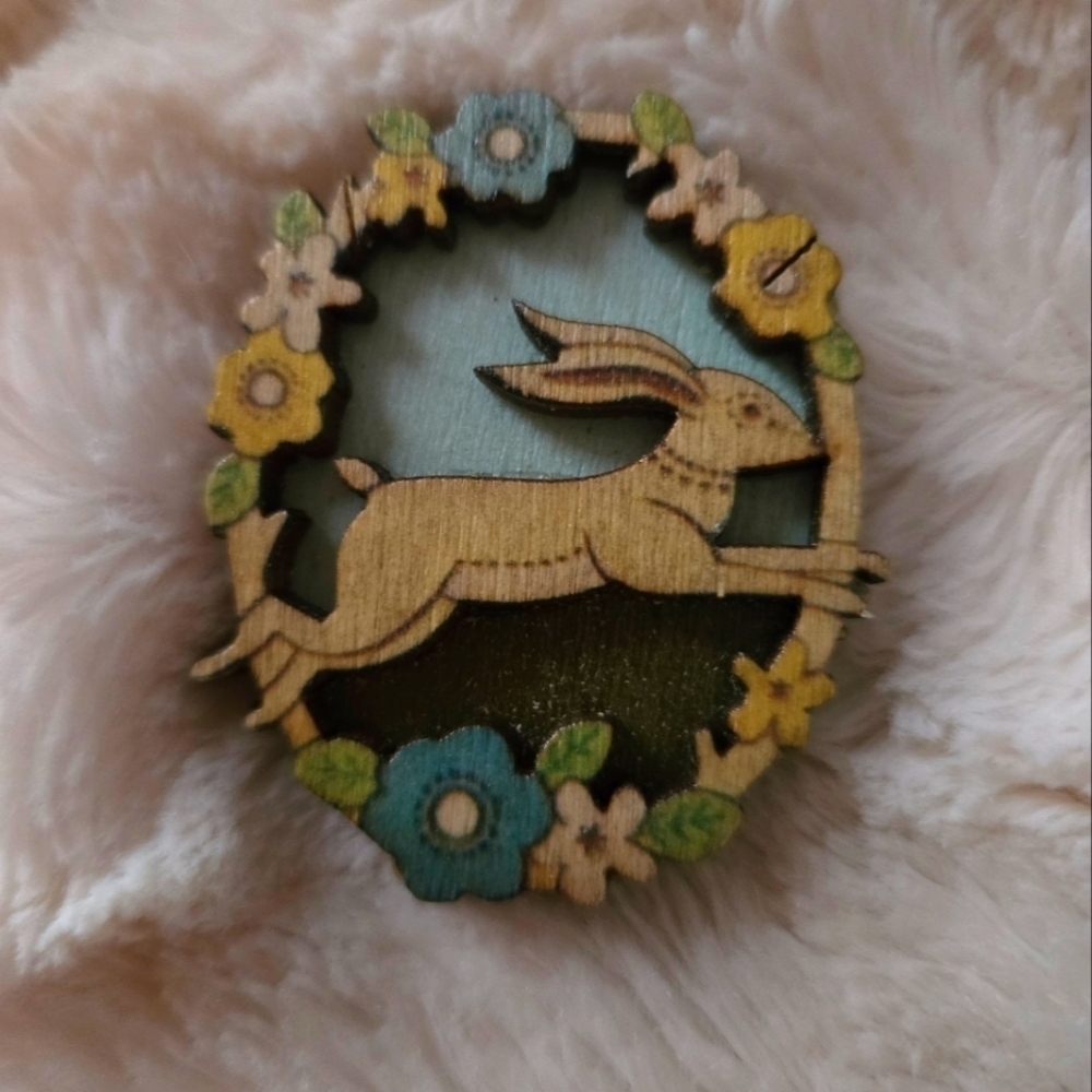 Whimsical Wood Bunny Brooch NEW!